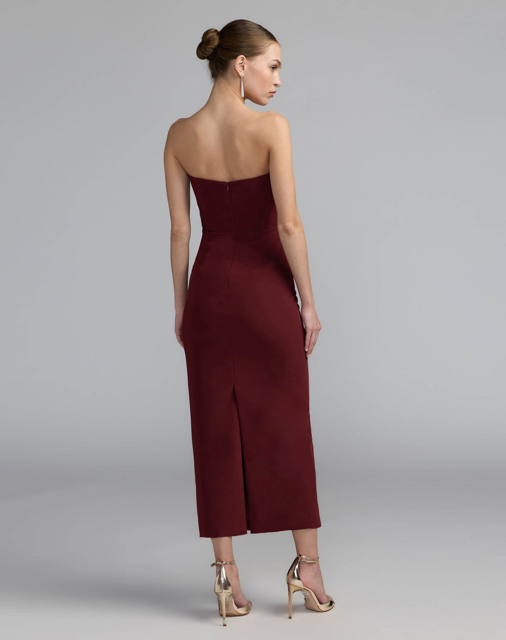Wine Strapless Crepe Dress With 3D Satin Flowers