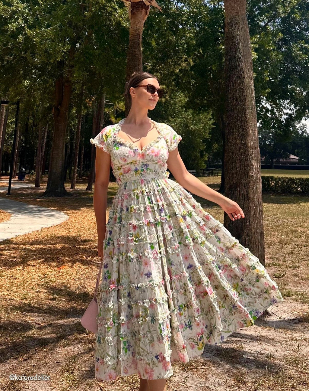 White Floral Ruffle Cotton Midi Dress
