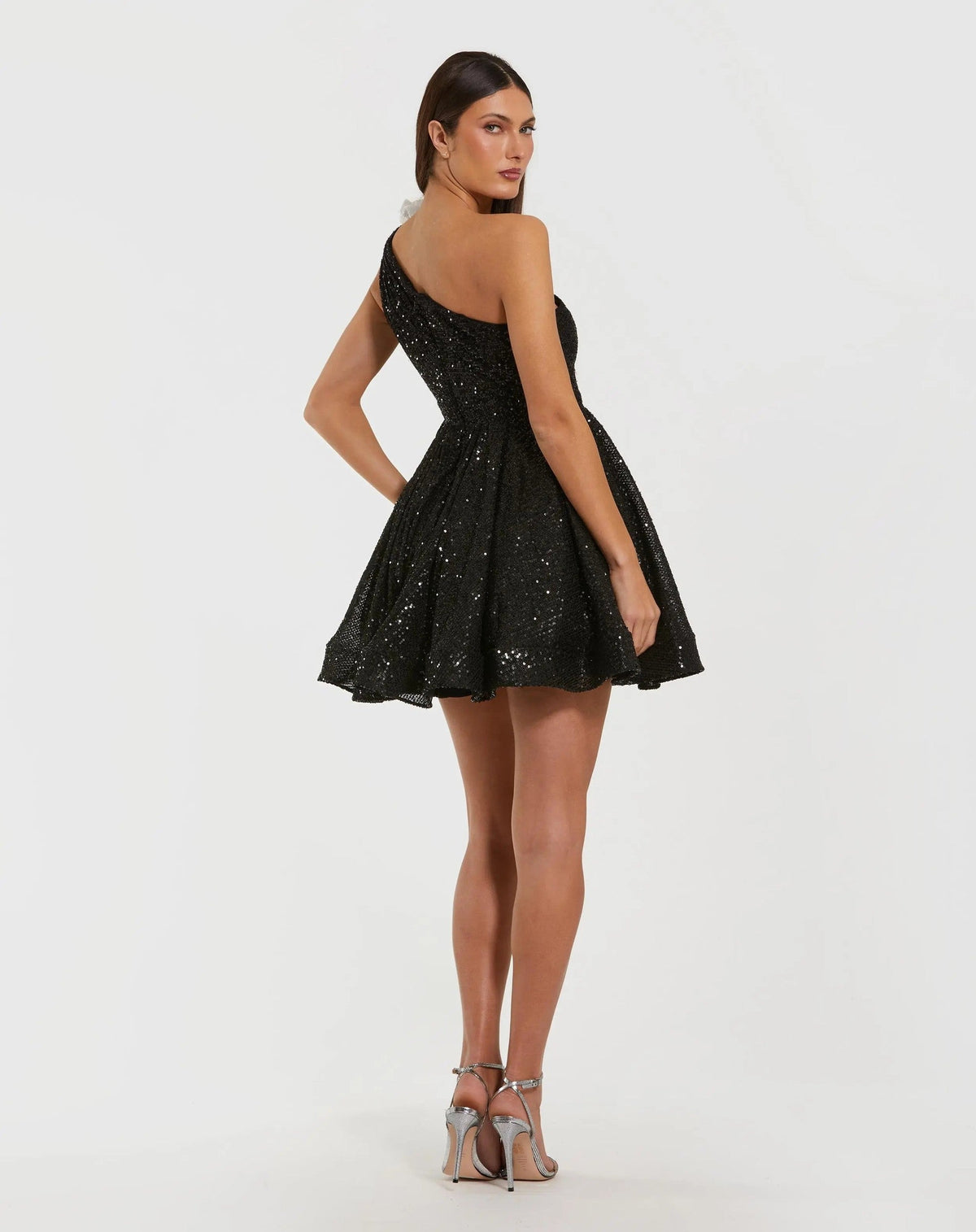 Black One Shoulder Sequin Mini Dress With 3D Flower