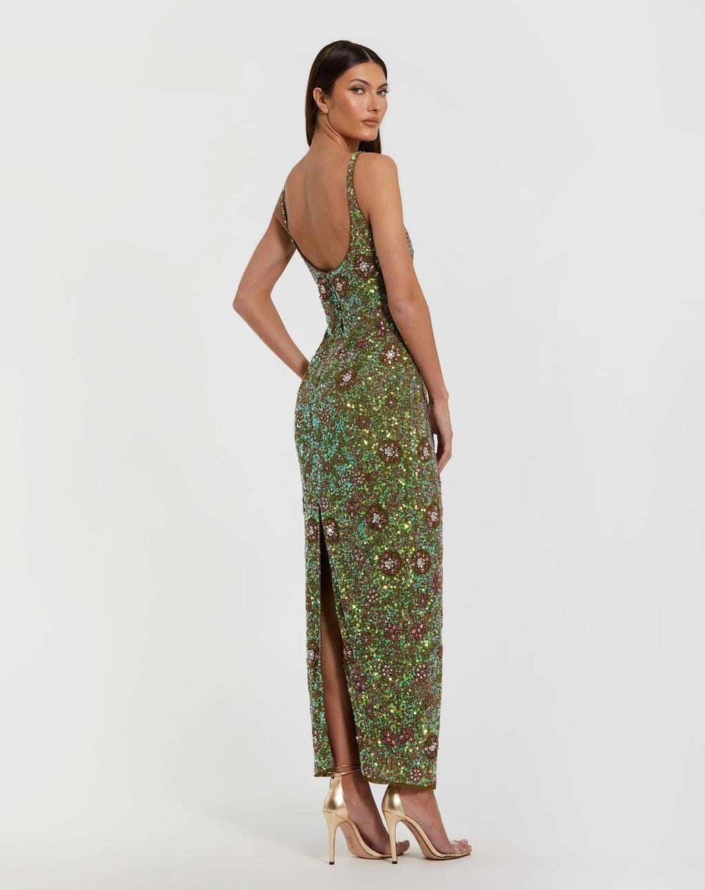 Olive Sleeveless Hand Embellished Floral Maxi Dress