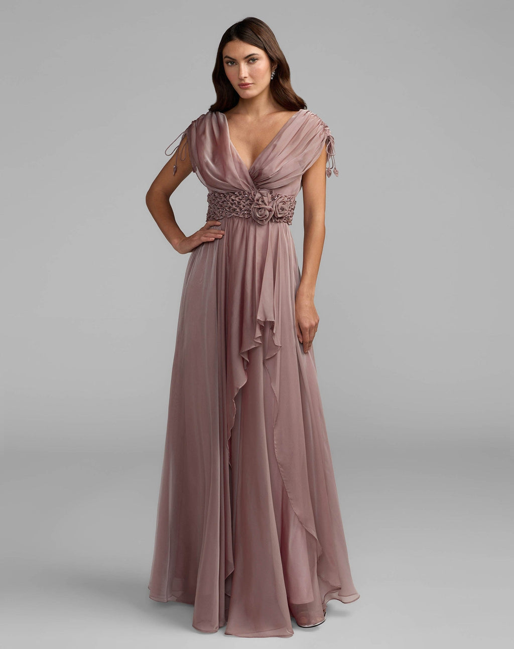 Mocha Crystal Floral Waist Chiffon Gown