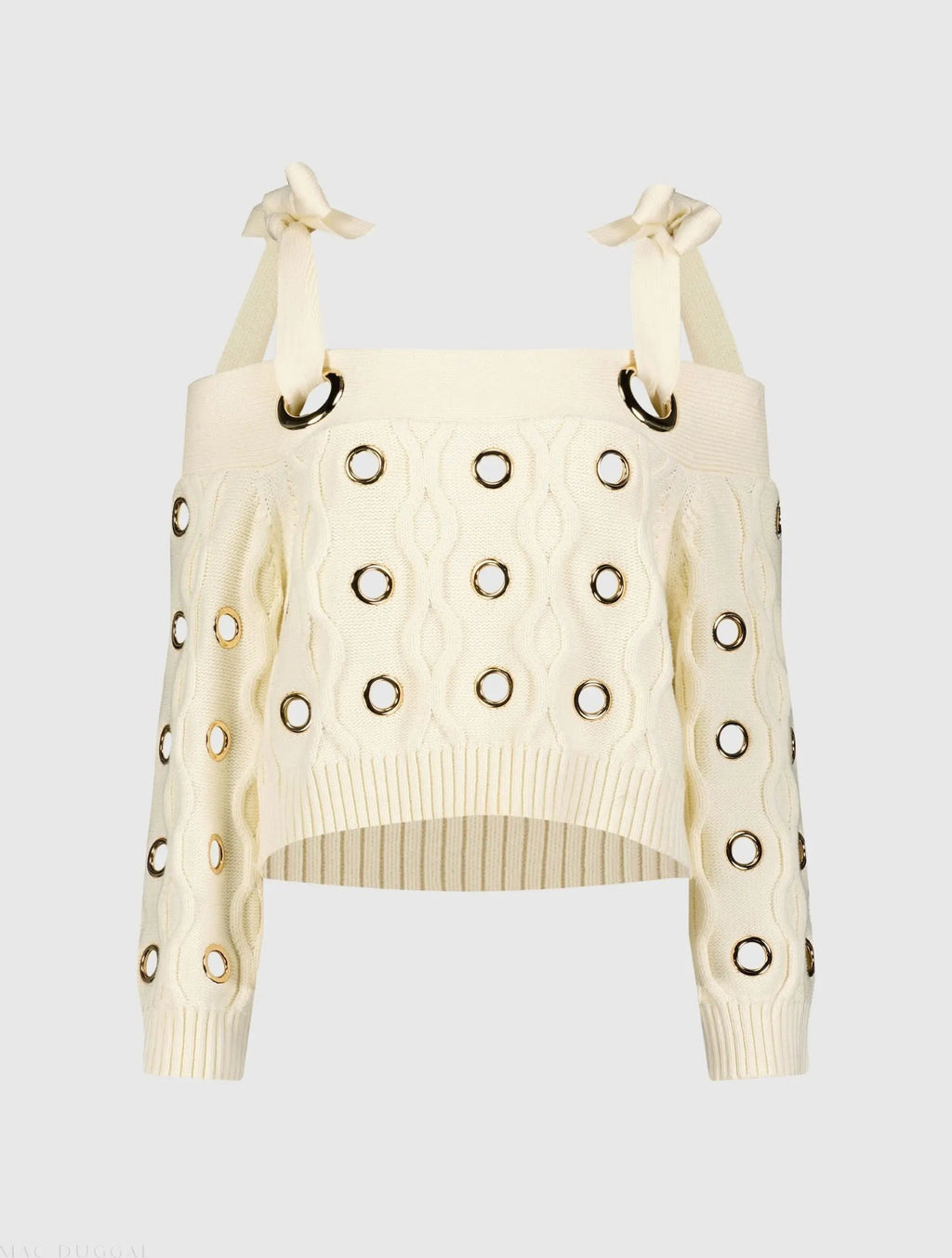 Ivory Chunky Knit Off The Shoulder Grommet Cropped Sweater