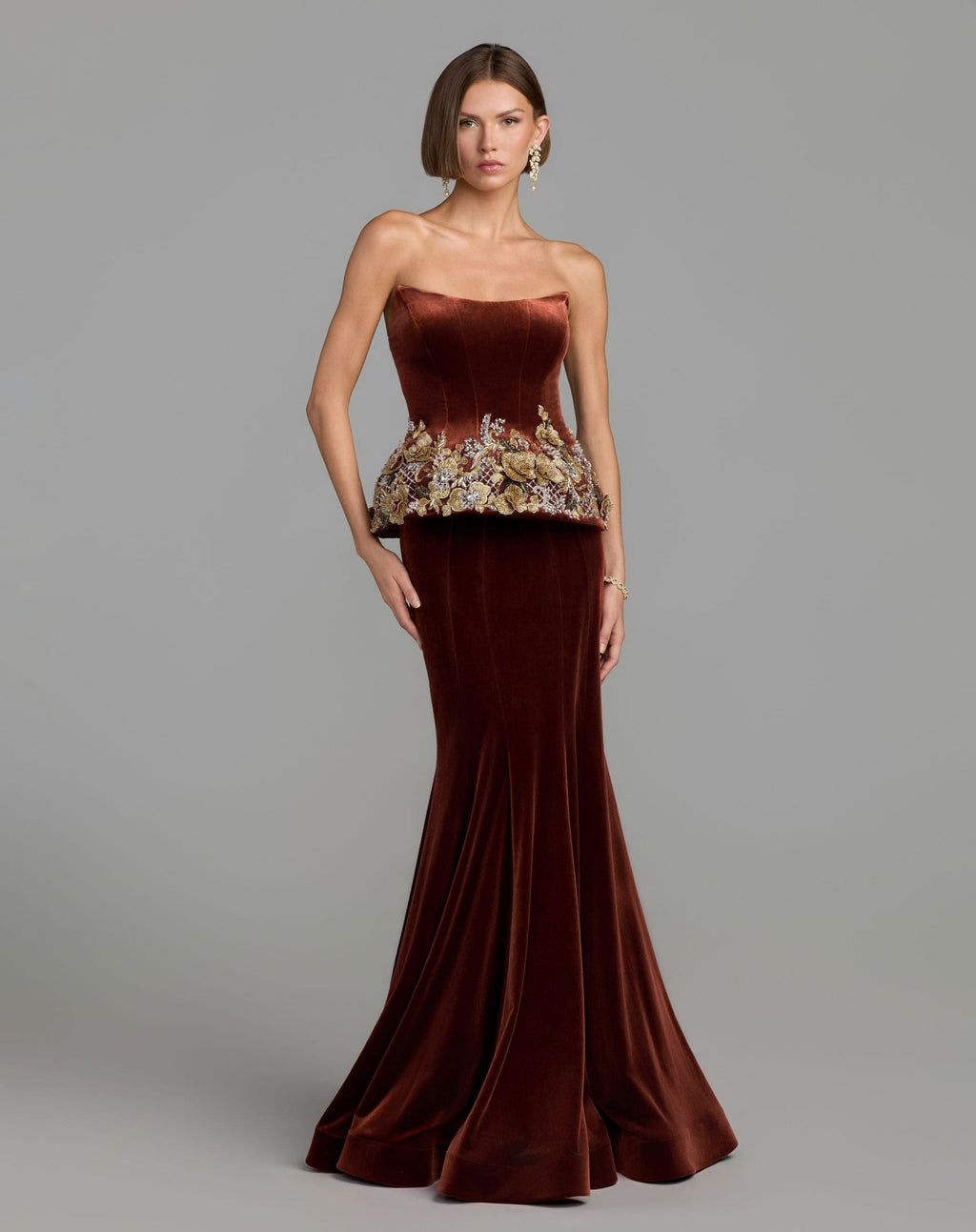 Cognac Strapless Embellished Velvet Peplum Gown
