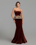 Cognac Strapless Embellished Velvet Peplum Gown