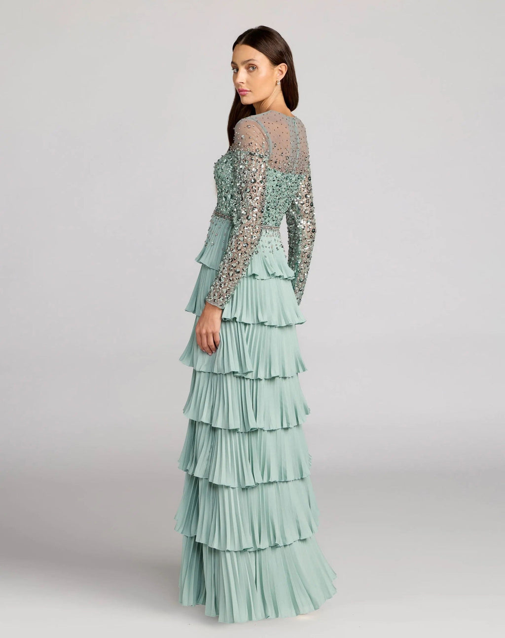 Sage Embellished Illusion Long Sleeve Ruffle Gown