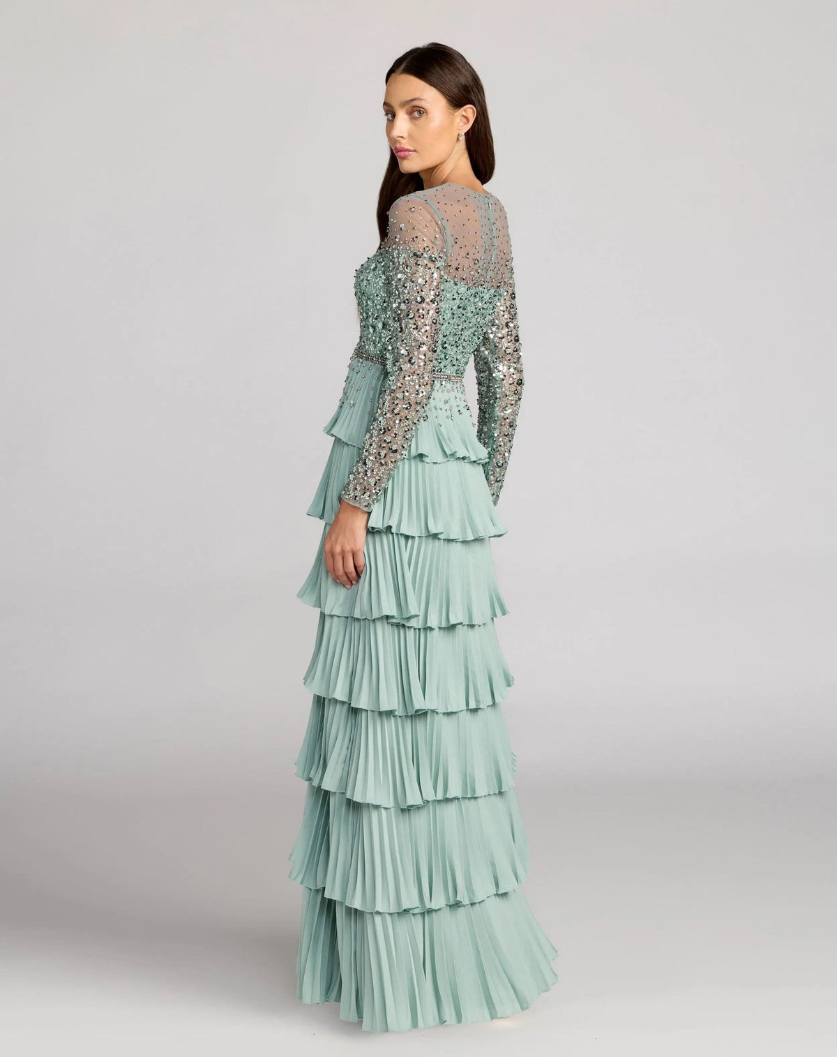 Sage Embellished Illusion Long Sleeve Ruffle Gown