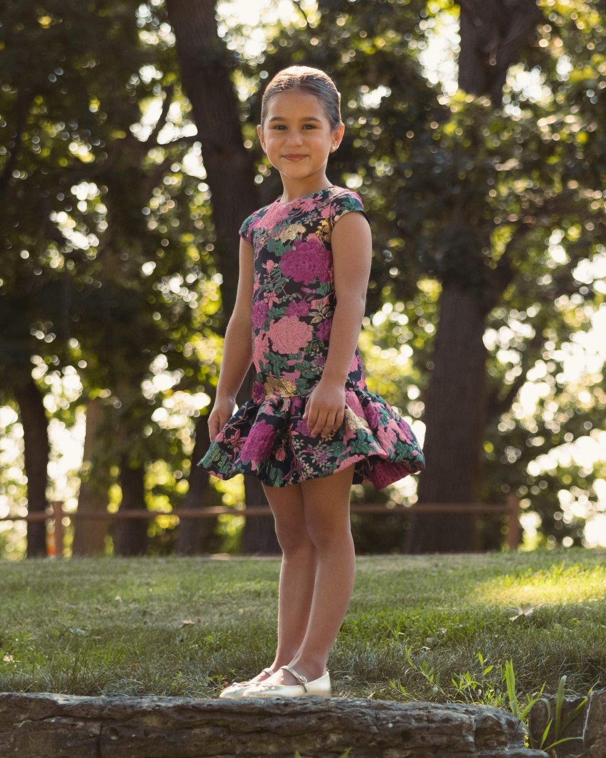 Girls Black Multi Floral Brocade Drop Waist Mini Dress