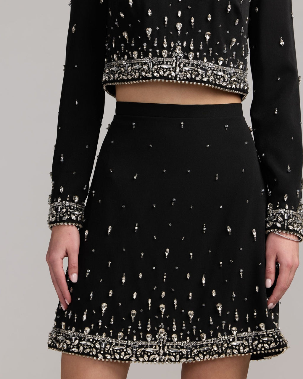 Black Embellished Top And Mini Skirt Set