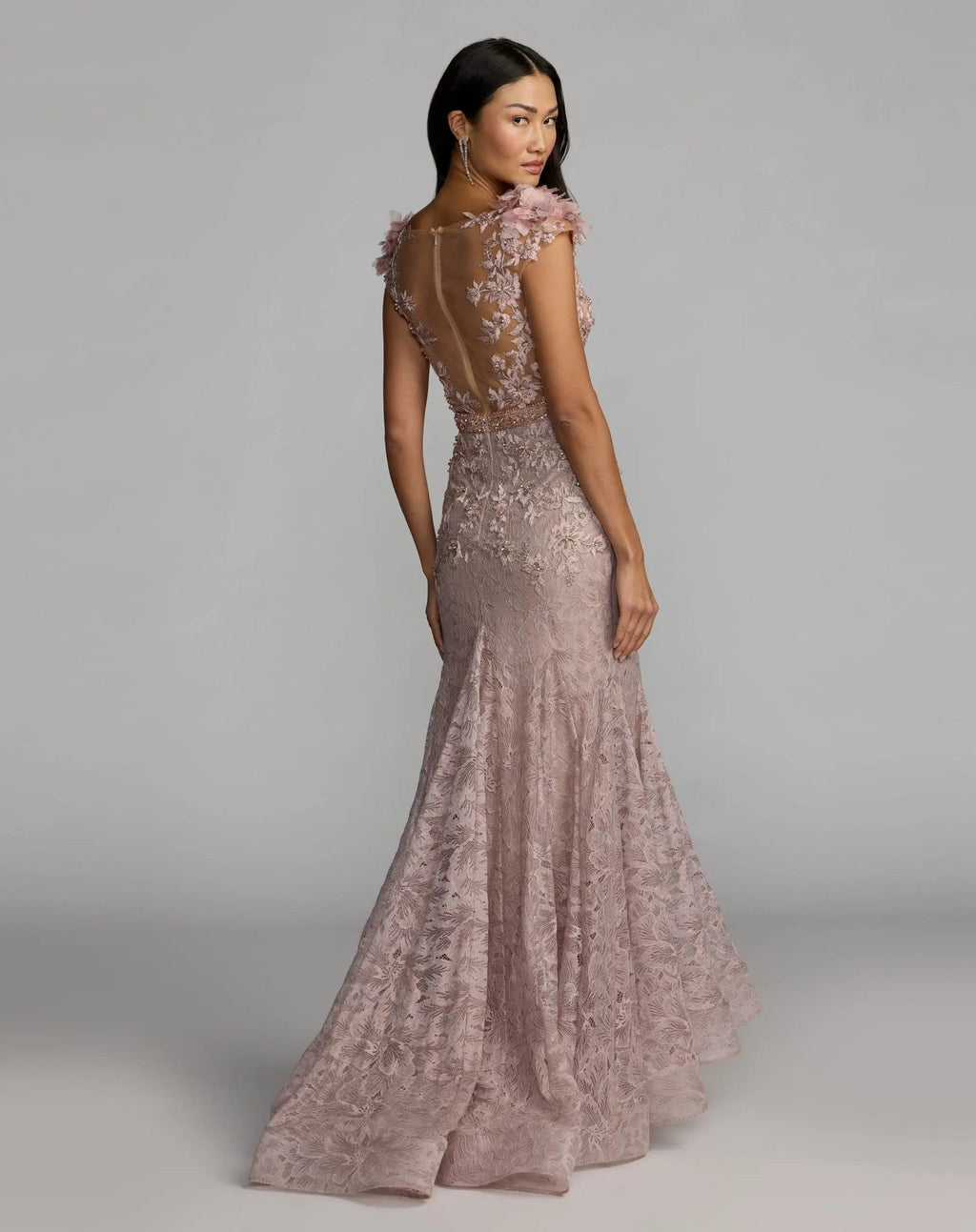 Mocha Embellished Lace Illusion Neck Gown With 3D Flowers