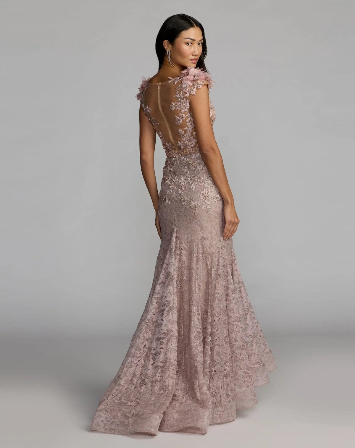 Mocha Embellished Lace Illusion Neck Gown With 3D Flowers