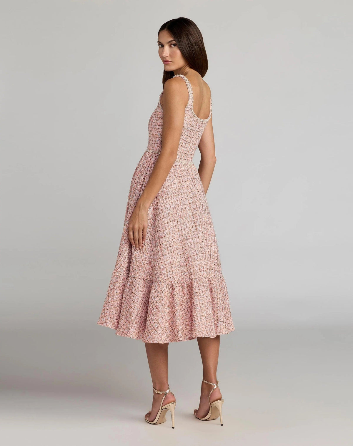 Pink Pearl Embellished Sleeveless Boucle Midi Dress