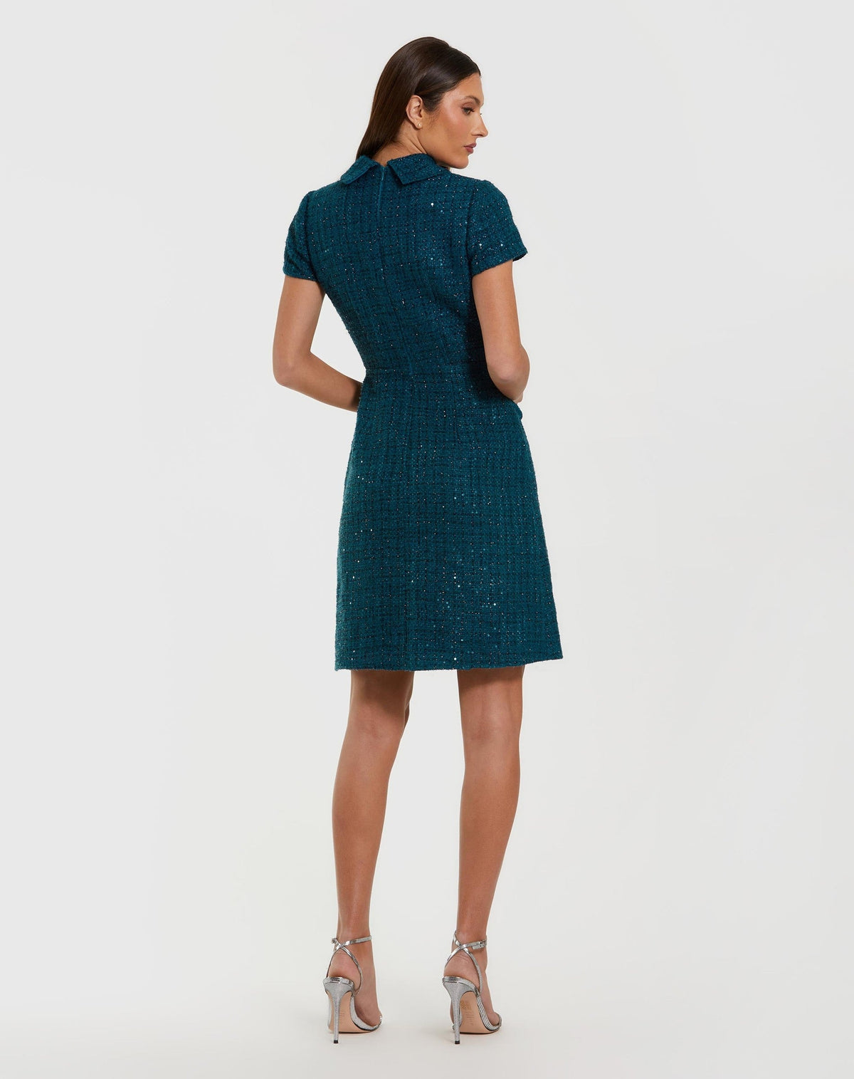 Teal Short Sleeve Collared Boucle Mini Dress