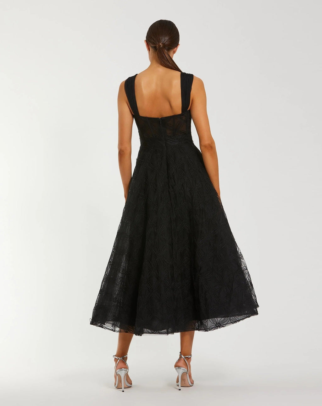 Black Bustier Sleeveless A-Line Tulle Midi Dress