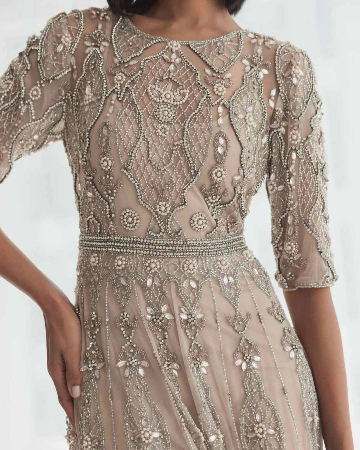 Vintage Lilac 3/4 Sleeve Embellished A-line Gown
