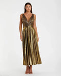 Gold Sleeveless V Neck Pleated Top Metallic Dress