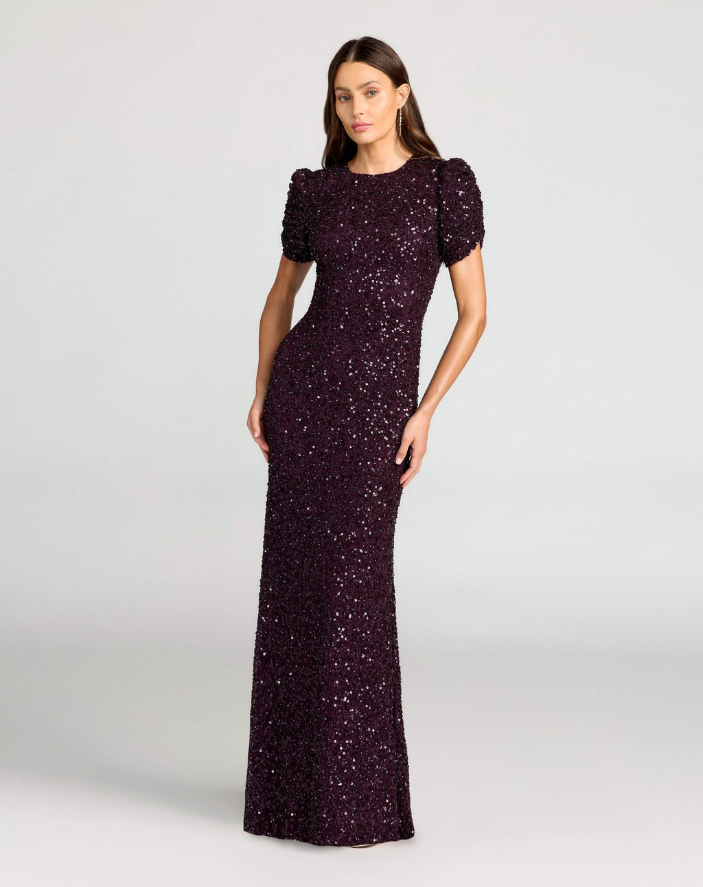 Blackberry Gathered Short Sleeve Embellished Gown