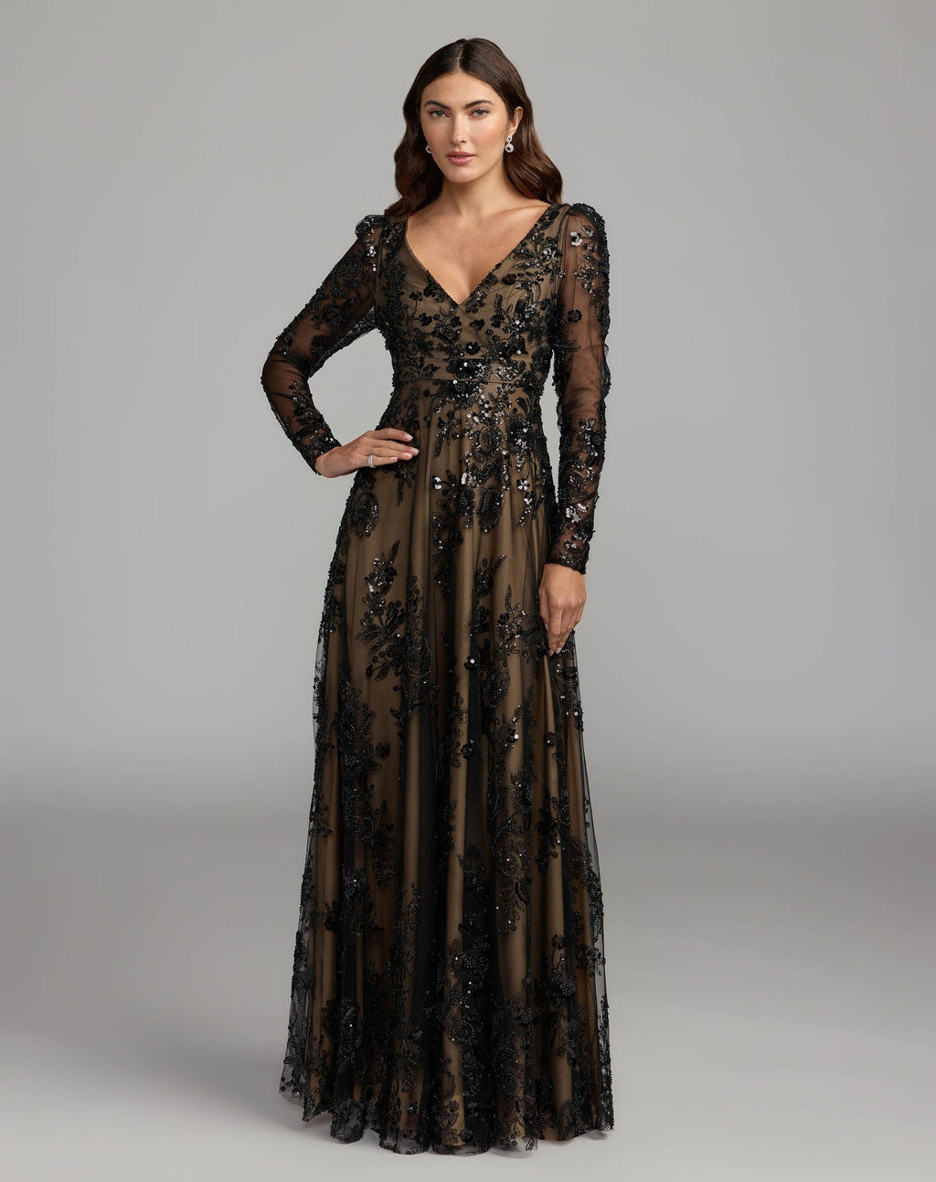 Embroidered Long Sleeve V Neck Gown