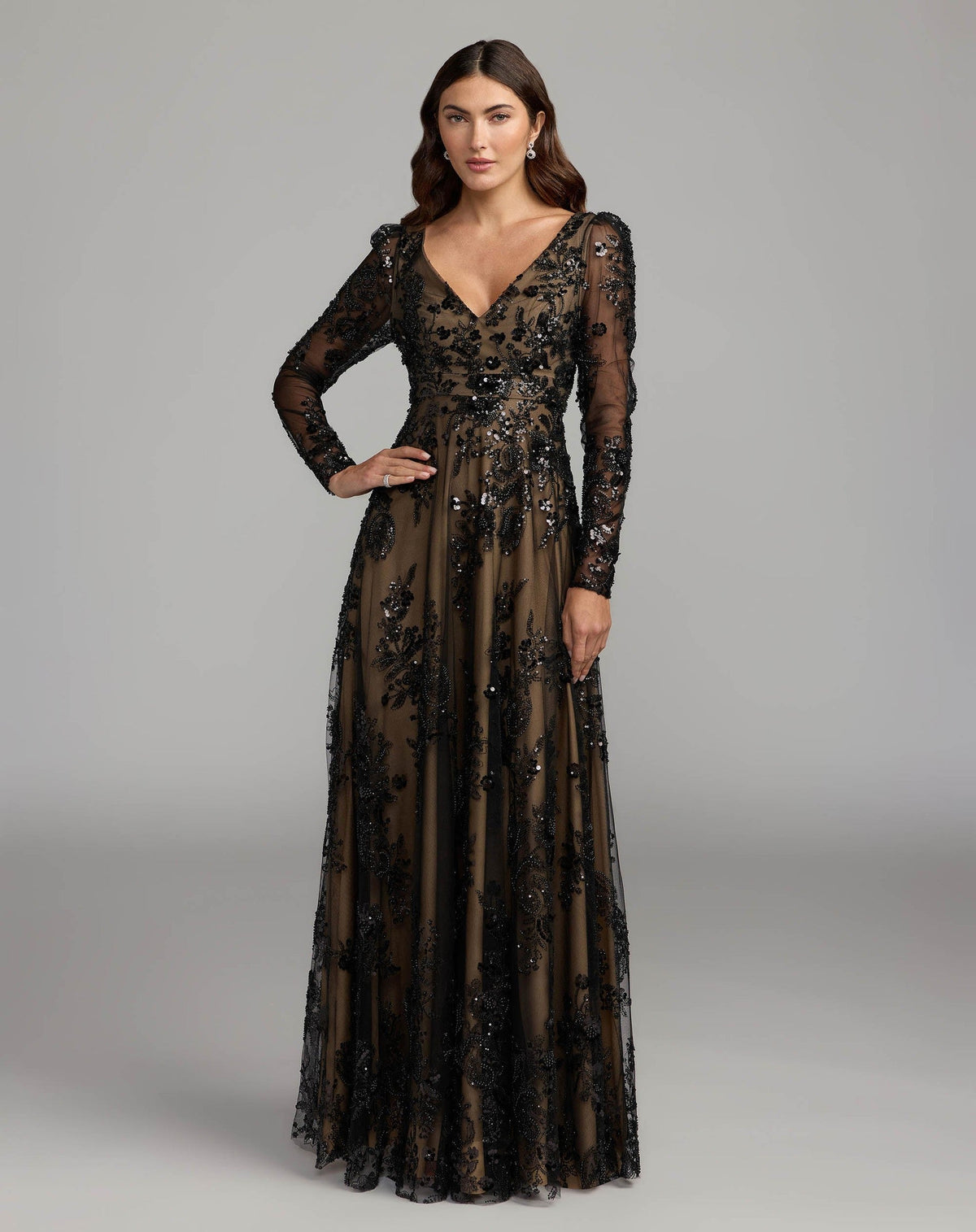 Embroidered Long Sleeve V Neck Gown