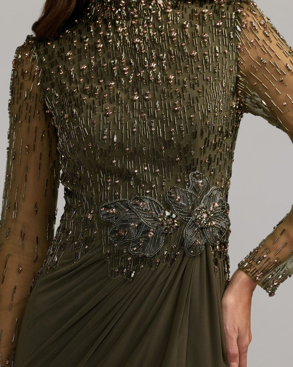 Olive Beaded Mock Neck Jersey Gown