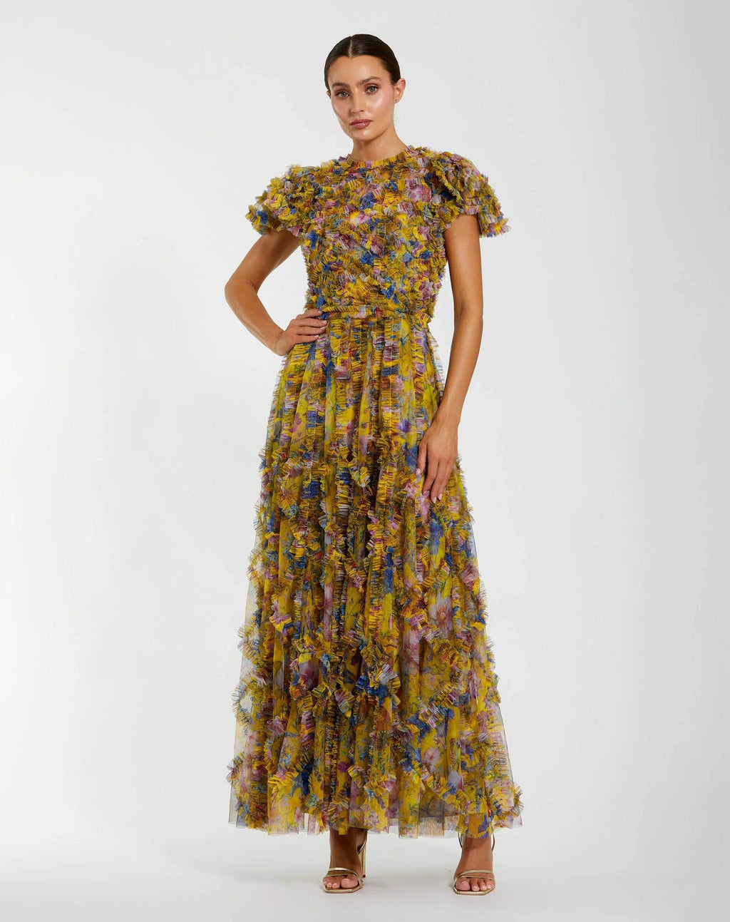 Yellow Micro Ruffle Floral Maxi Dress