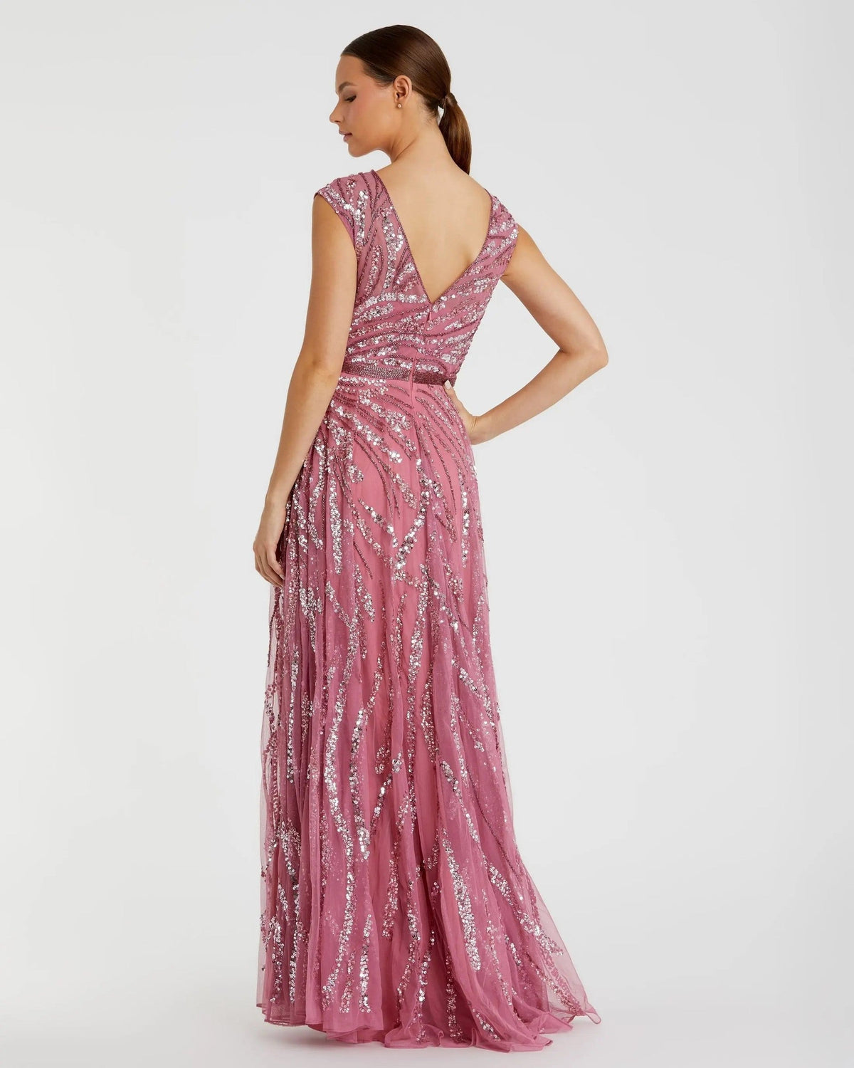 Plum Cap Sleeve Embellished Evening Gown