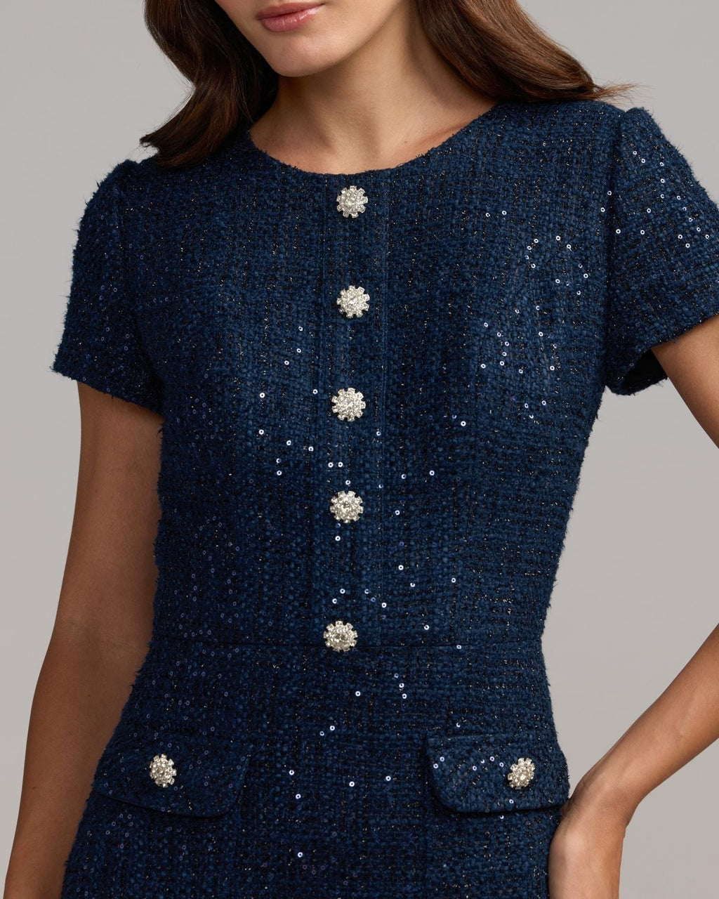 Midnight High Neck Short Sleeve Boucle Midi Dress