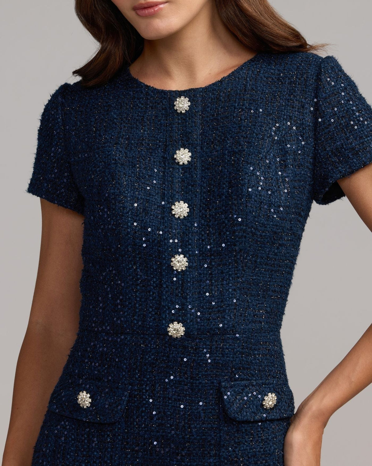 Midnight High Neck Short Sleeve Boucle Midi Dress