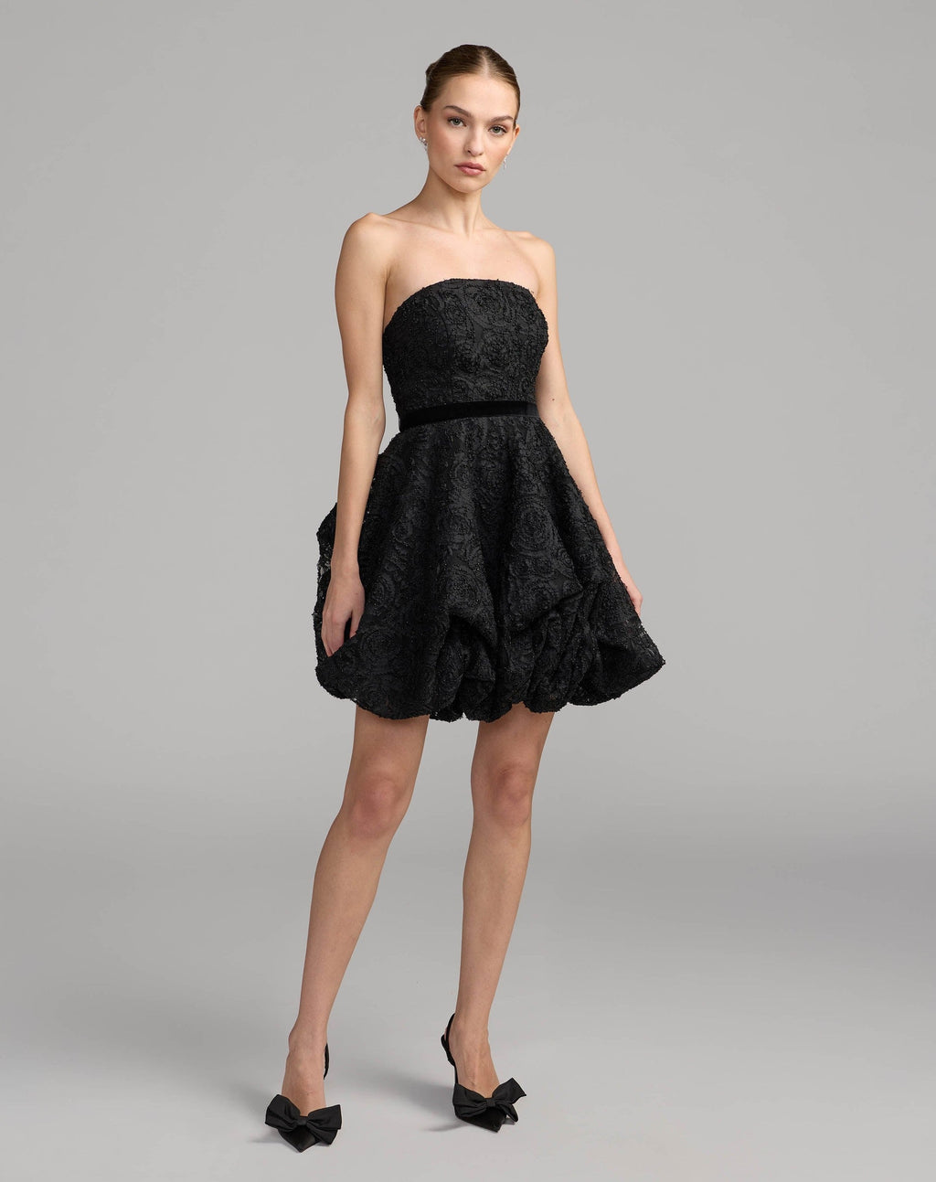 Black Strapless Textured Bubble Hem Mini Dress