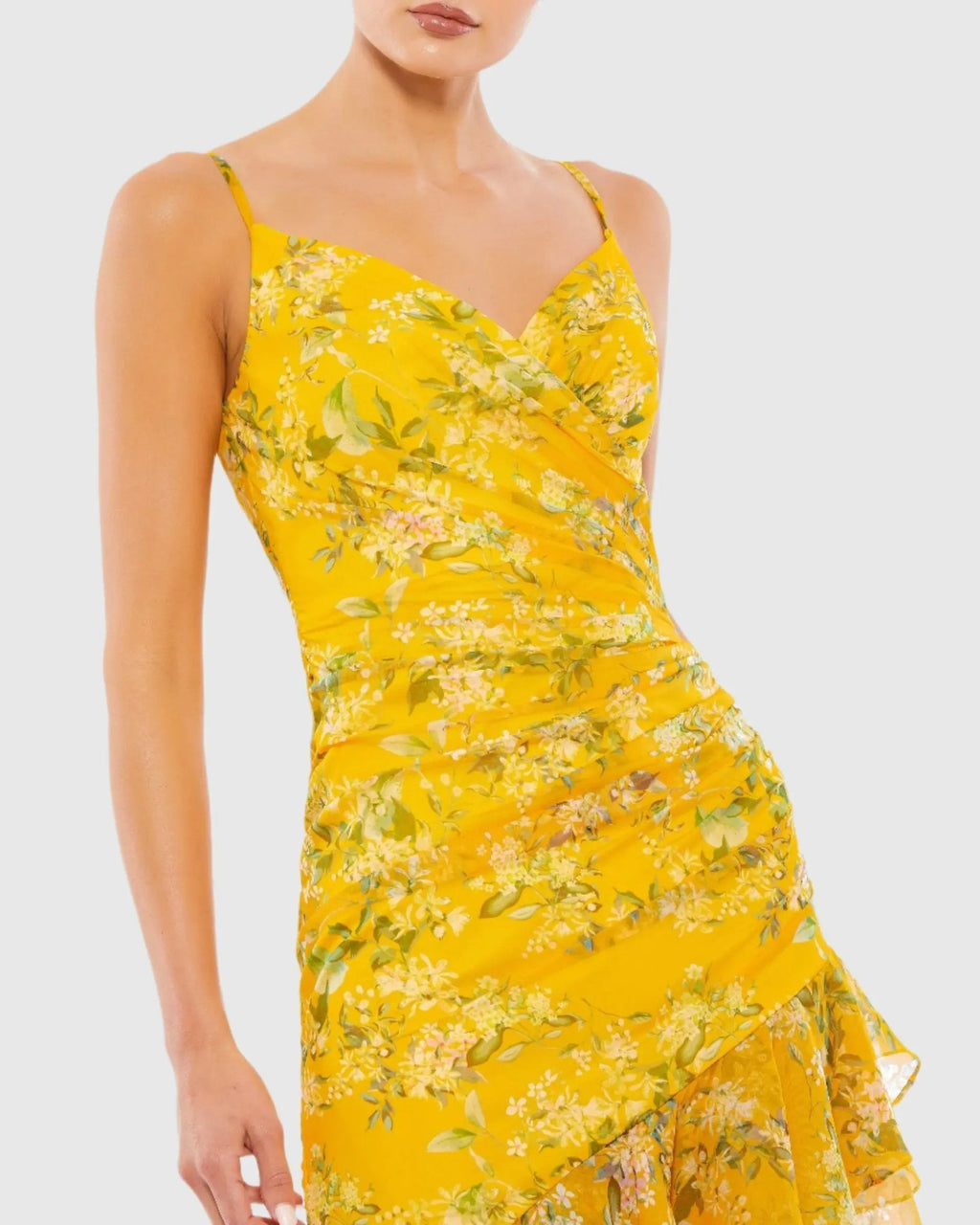Yellow Floral Chiffon Hi-Low Ruffle Gown