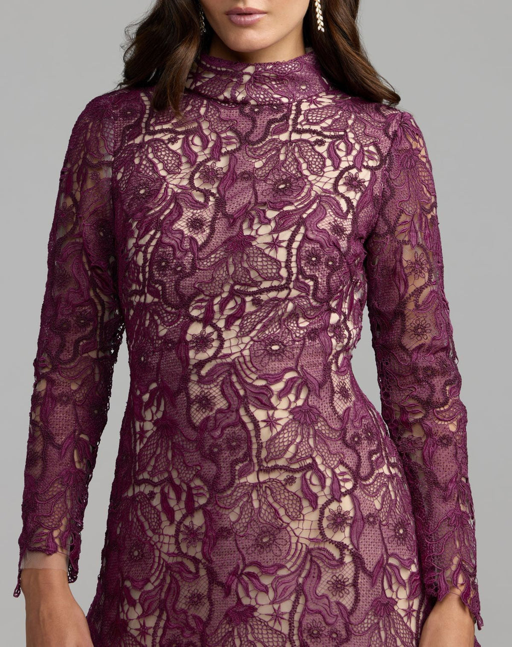 Purple Floral Embroidered Long Sleeve Mini Dress