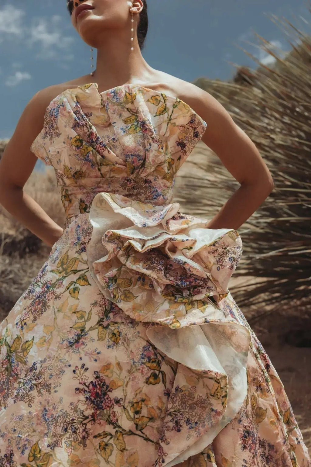 Blush Multi Strapless Floral Ball Gown With Ruffle Detail