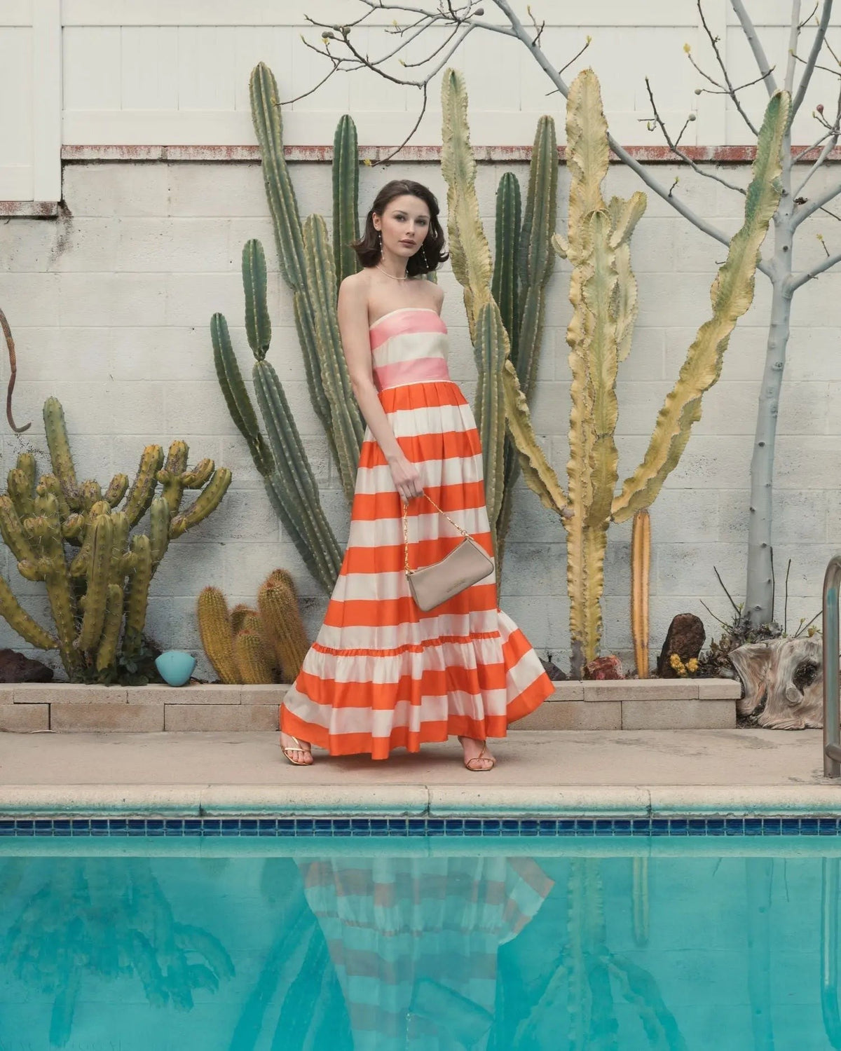 Multicolor Striped Organza Strapless Ruffle Gown