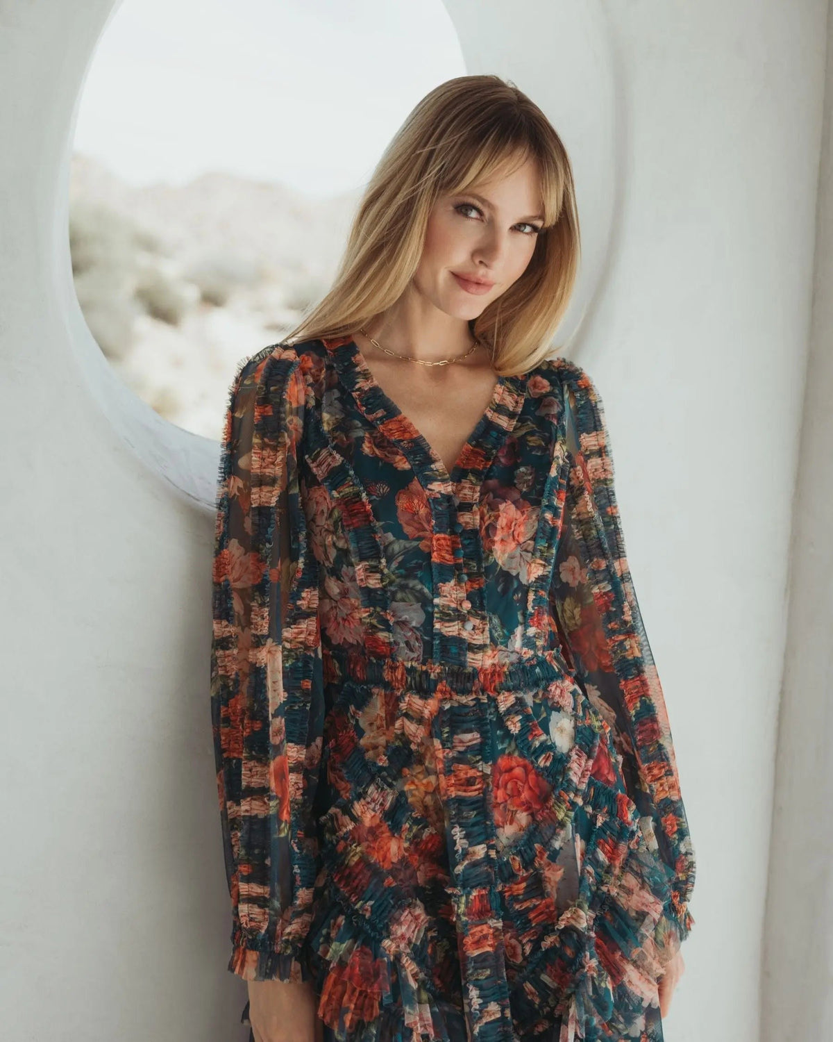 Teal Long Sleeve Floral Midi Dress With Ruffles