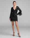 Black Long Sleeve V-Neck Beaded Fringe Mini Dress