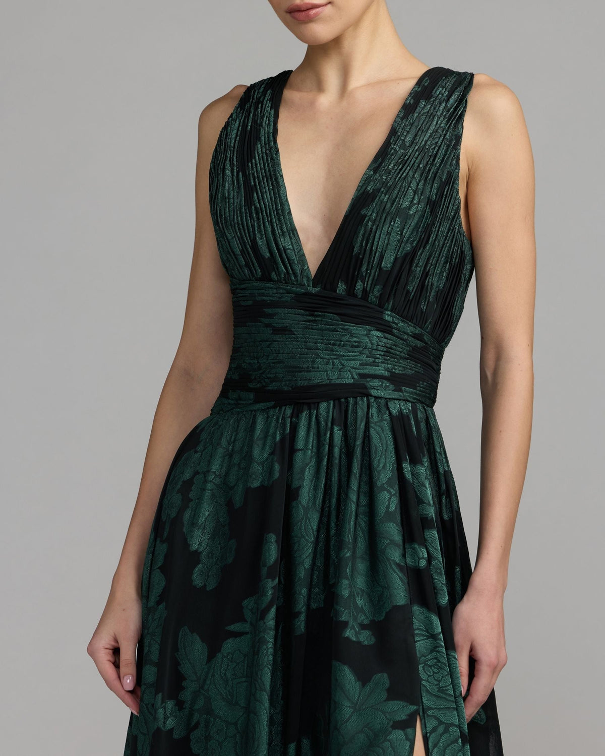 Emerald Multi Floral Sleeveless Plunge Neck Gown