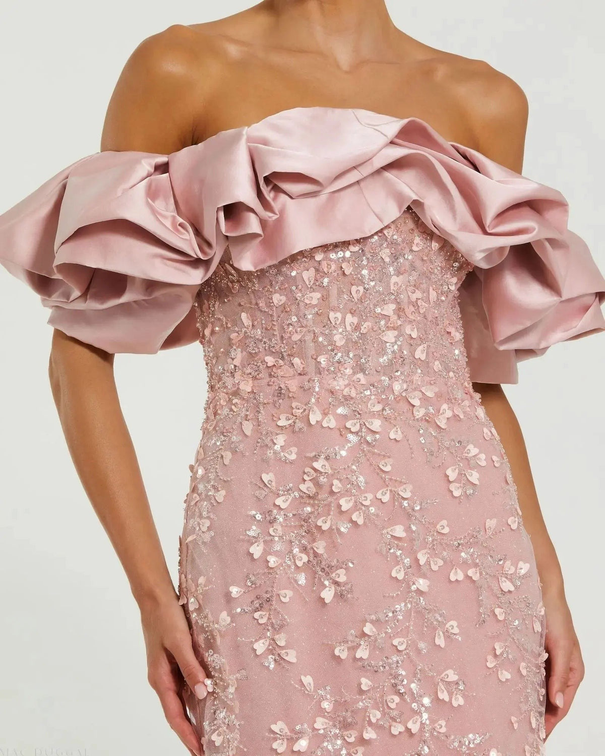 Rose Embellished Mermaid Gown With Off The Shoulder Ruffle