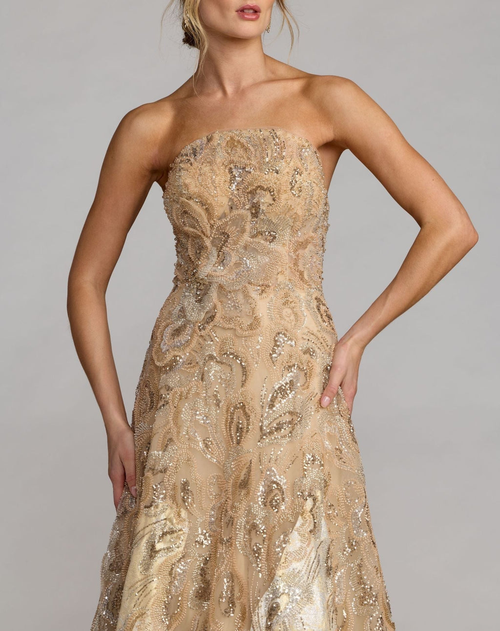Champagne Strapless Embellished Brocade A-Line Gown