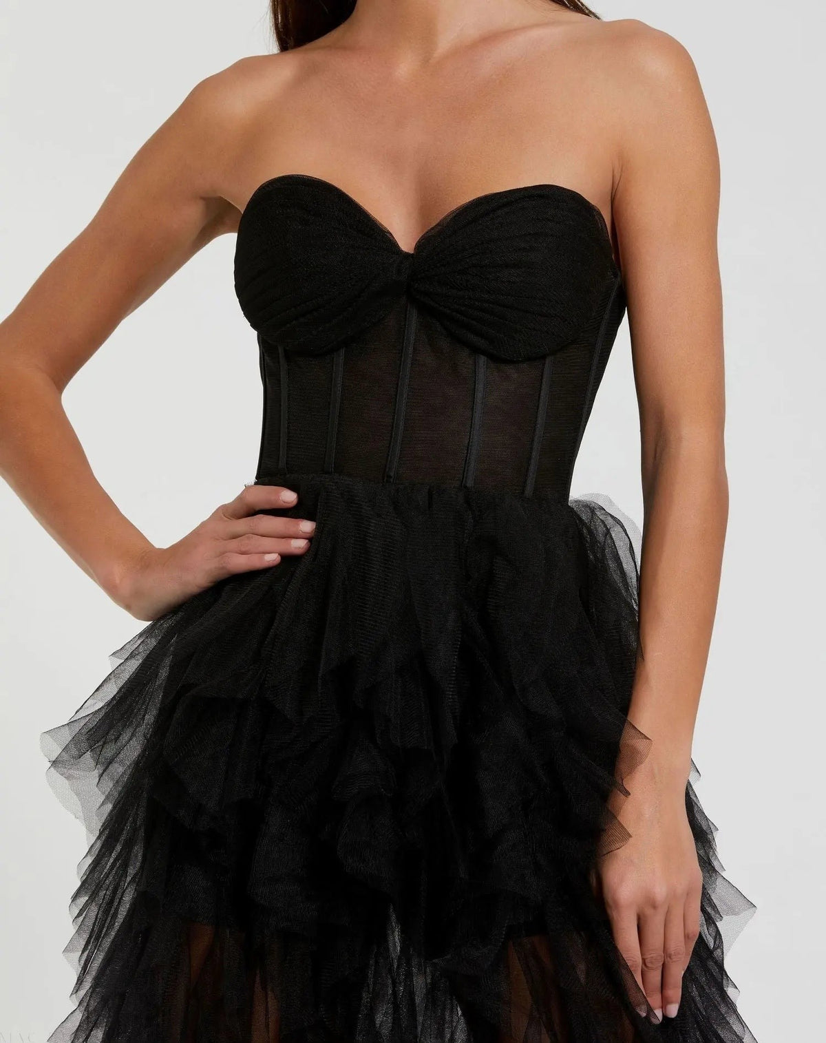 Black Strapless Bustier Net Gown With Spiral Ruffles