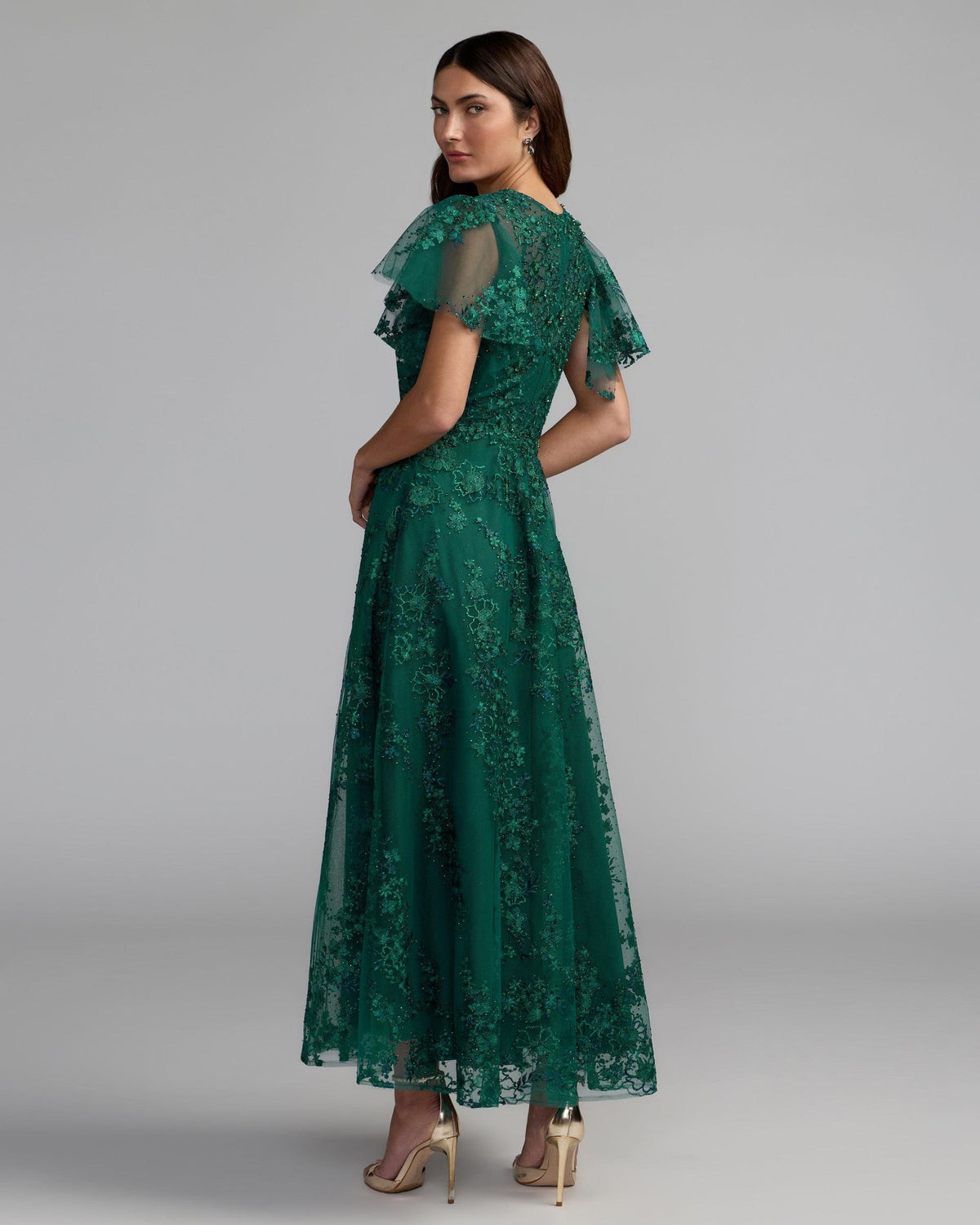 Emerald Embroidered Flutter Sleeve A Line Cocktail Dress