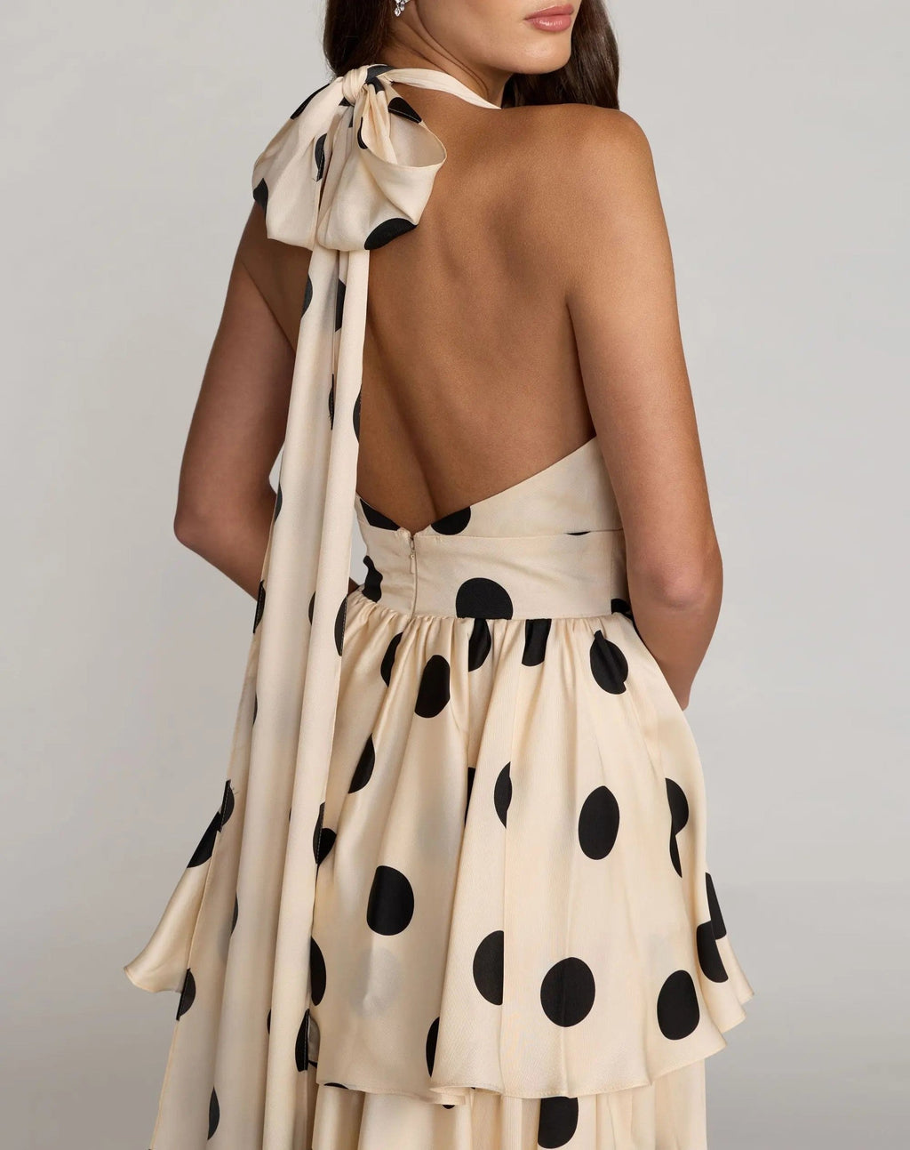 Beige Halter Neck Polka Dot Ruffle Maxi Dress