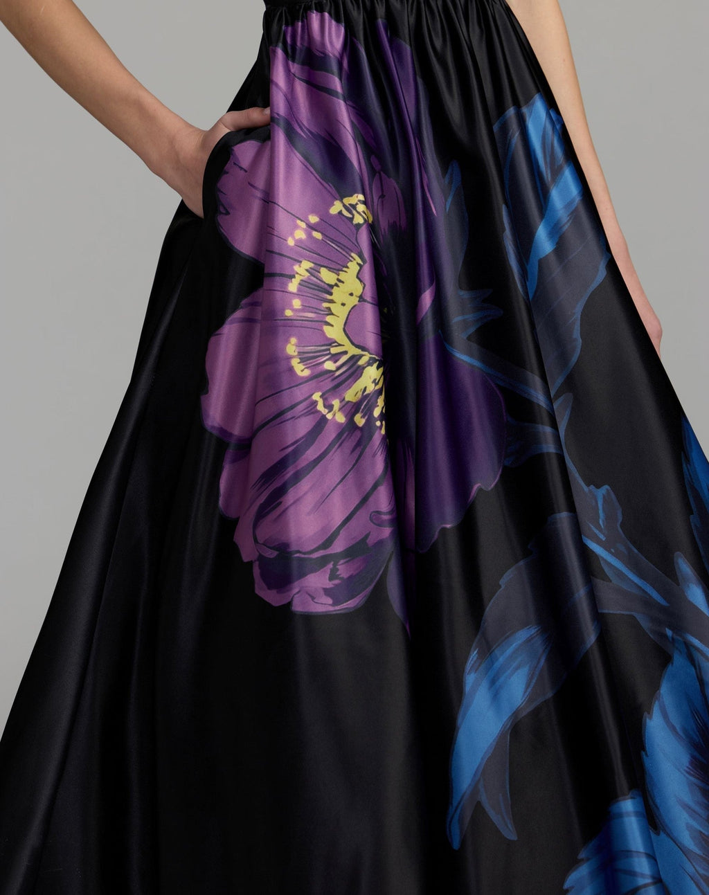 Black Satin Cap Sleeve Floral Printed A-Line Dress