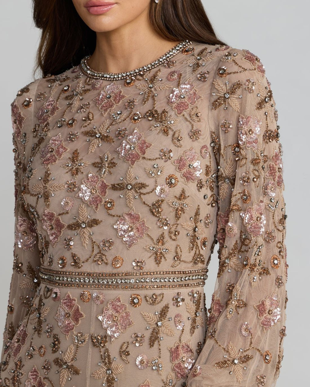 Taupe Crystal Beaded Floral Bishop Sleeve Gown