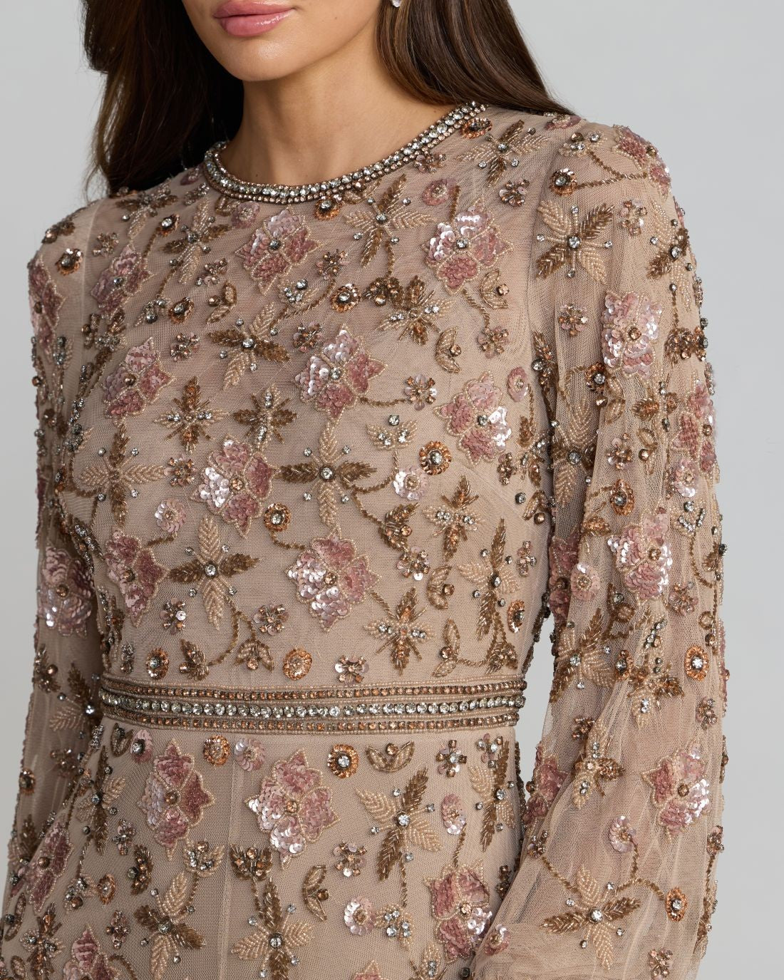 Taupe Crystal Beaded Floral Bishop Sleeve Gown