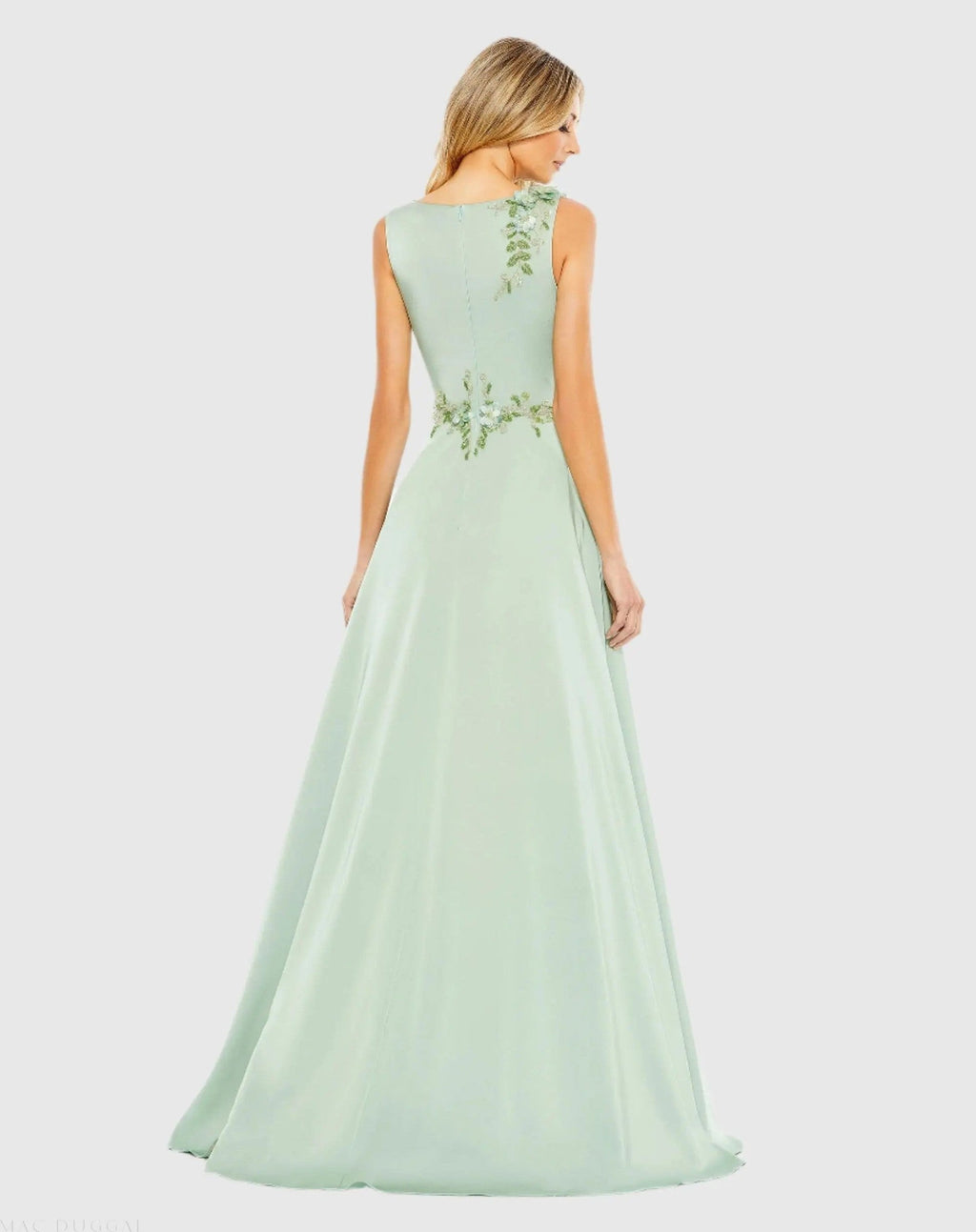 Sage Floral Applique Sleeveless A-Line Gown