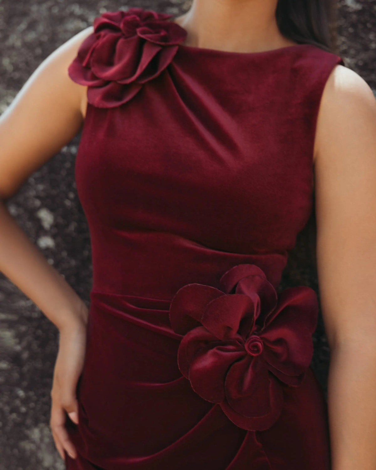 Burgundy High Neck Velvet Column Gown With 3D Flowers