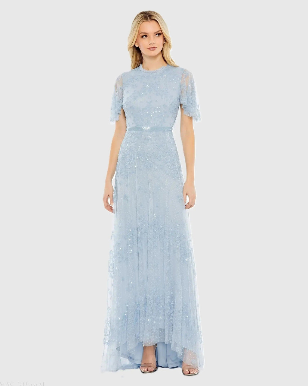 Powder Blue Sequined High Neck Flutter Sleeve A Line Gown