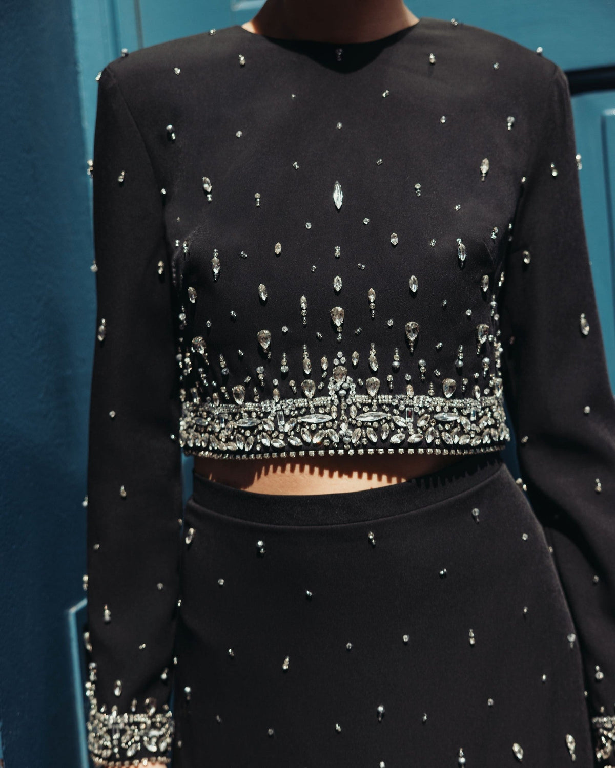 Black Embellished Top And Mini Skirt Set