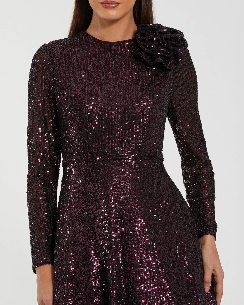 Amethyst Long Sleeve Sequin Ball Gown With 3D Flower