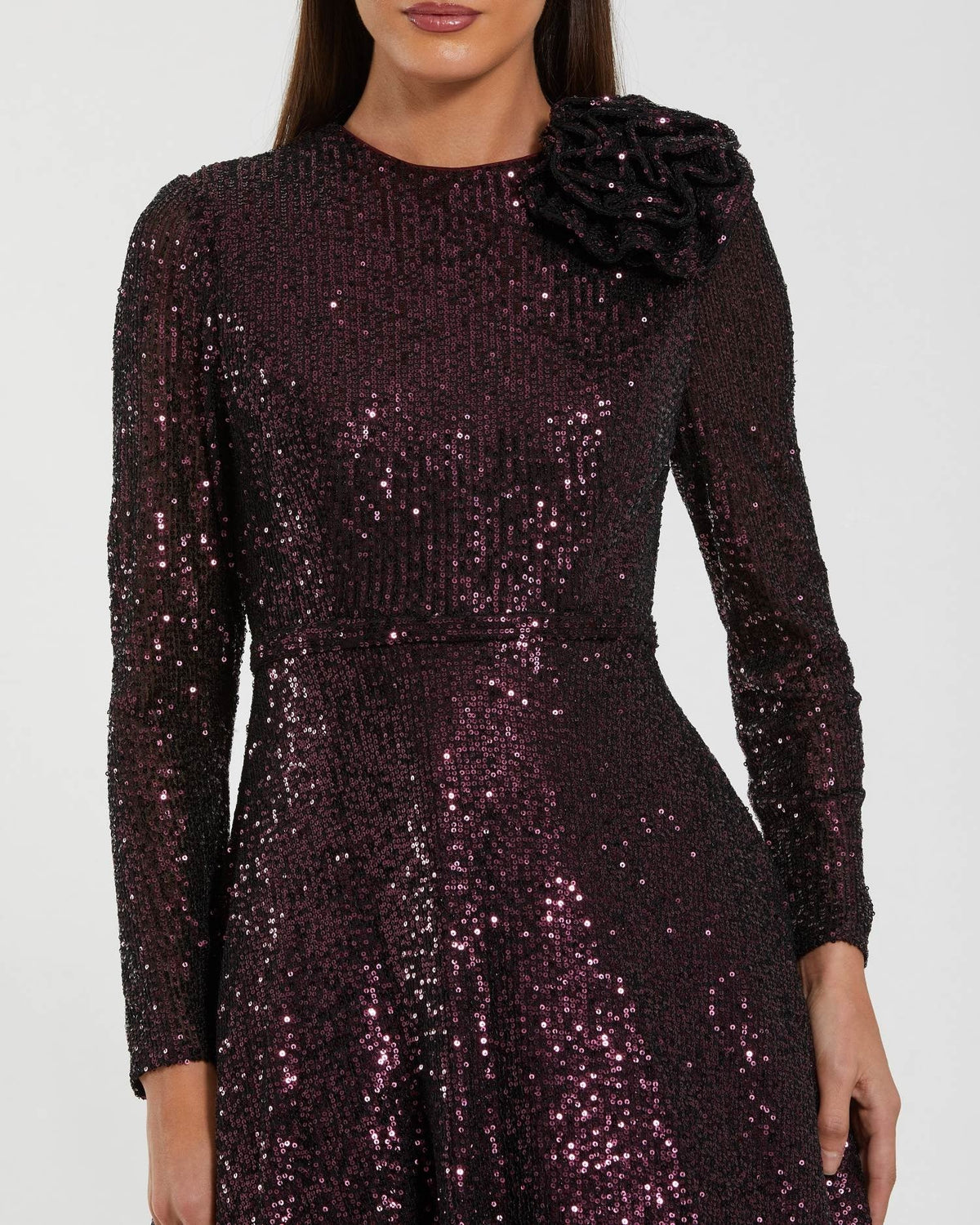 Amethyst Long Sleeve Sequin Ball Gown With 3D Flower