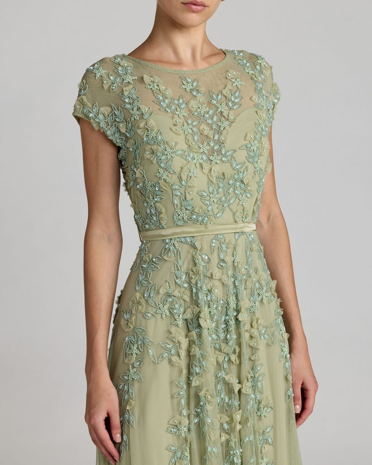 Sage Floral Embellished Cap Sleeve Gown